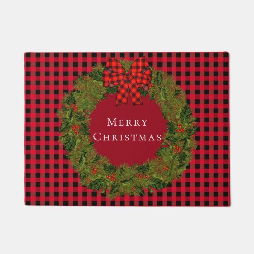 Plaid and garland wreath Christmas Doormat