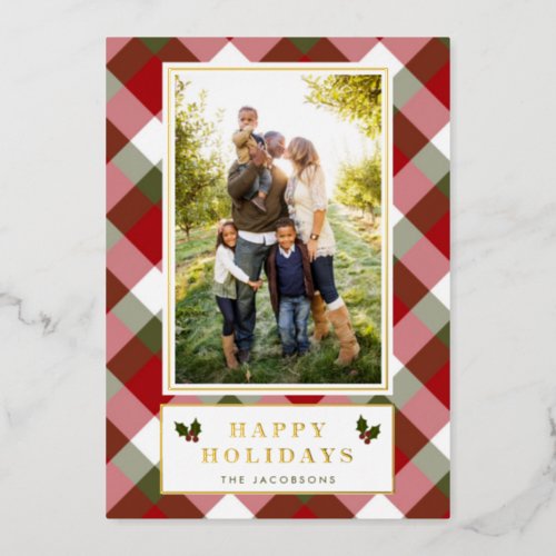 Plaid and Holly Green and Red Bold Photo Foil Holiday Card