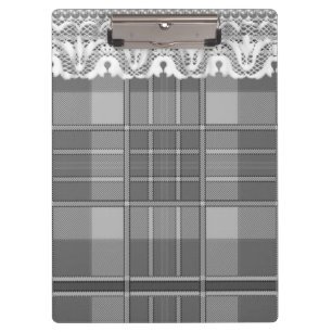 Plaid and lace black gray white cute girly clipboard