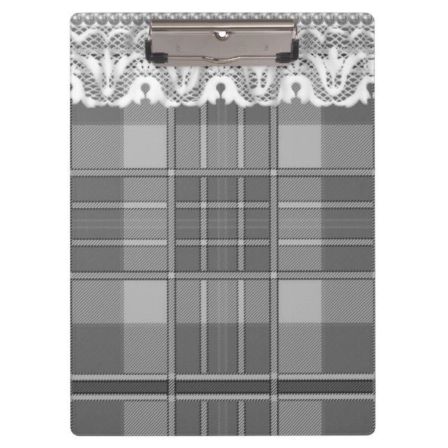 Plaid and lace black gray white cute girly clipboard (Front)