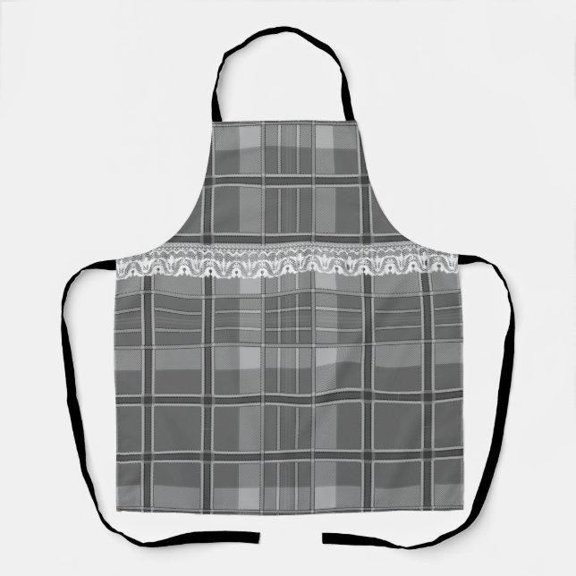Plaid and lace black white gray cute girly  apron (Front)