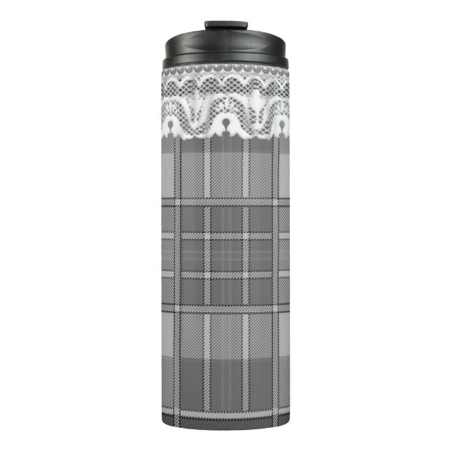 Plaid and lace black white gray cute girly thermal tumbler (Front)