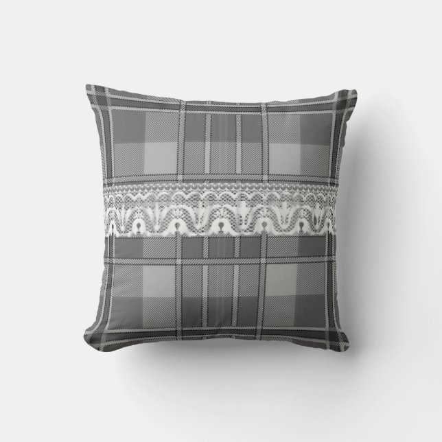 Plaid and lace black white gray cute girly  throw pillow (Front)