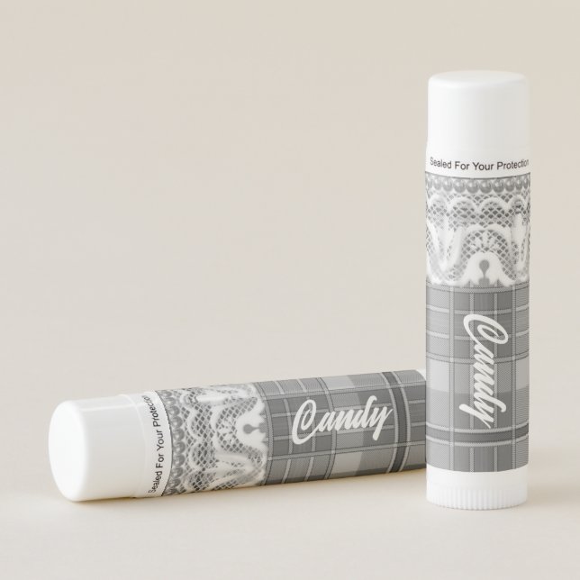 Plaid and lace black white graygirly cute lip balm (Front)