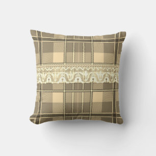 Plaid and lace brown cream girly cute throw pillow