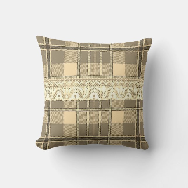 Plaid and lace brown cream girly cute throw pillow (Front)