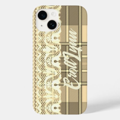 Plaid and lace cute feminine cream brown Case_Mate iPhone 14 case