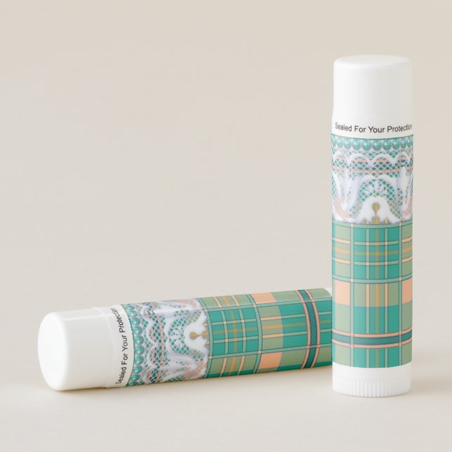 Plaid and lace green and peach girly cute lip balm (Front)