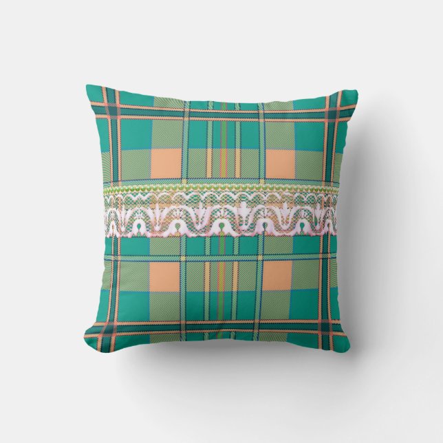 Plaid and lace green and peach girly throw pillow (Front)
