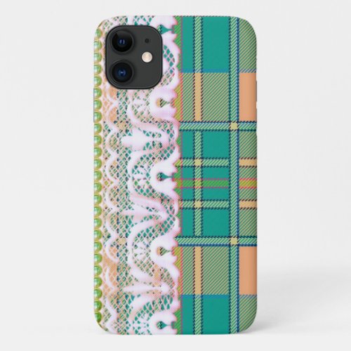 Plaid and lace green pink peach girl feminine cute iPhone 11 case