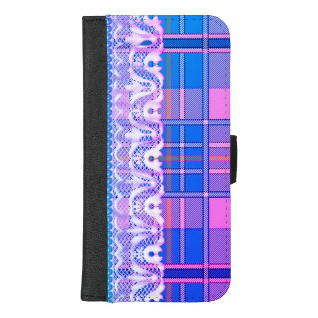 Plaid and lace purple and pink iPhone wallet case (Front)