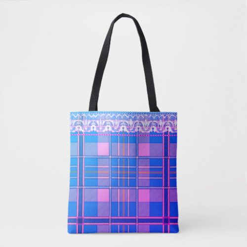 Plaid and lace purple and pink tote