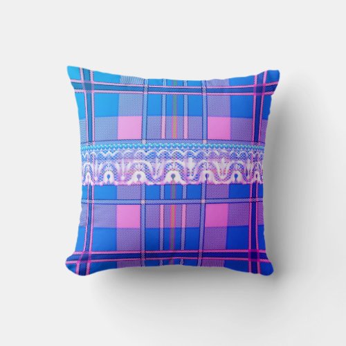 Plaid and lace purple blue pink cute girly throw pillow