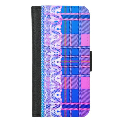 Plaid and lace purple pink cute girly  iPhone 87 wallet case