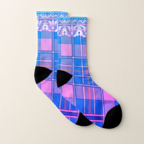 Plaid and lace purple pink girly socks