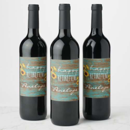 Plaid and Rustic Teal Wood Sunflowers Retirement Wine Label