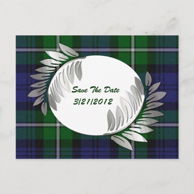 Plaid and Silver Ferns Save The Date Postcard (Front)