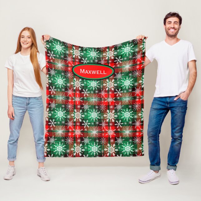 Plaid And Snowflakes Christmas Pattern 1 With Name Fleece Blanket (In Situ)