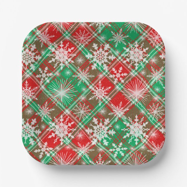Plaid And Snowflakes Christmas Pattern 2 Paper Plates (Front)