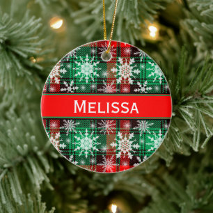 Plaid And Snowflakes Christmas Pattern With Name Ceramic Ornament