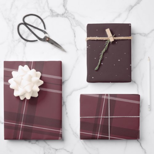 Plaid and stars classic holiday maroon wrapping paper sheets