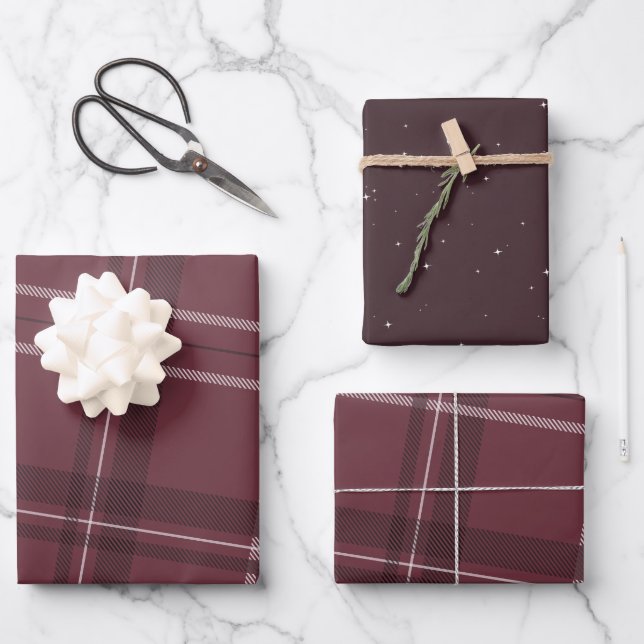 Plaid and stars classic holiday maroon wrapping paper sheets (Front)