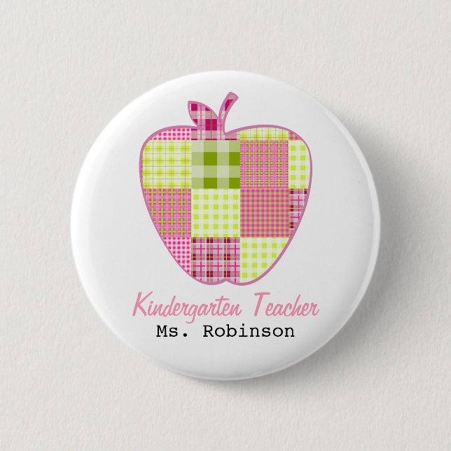 Plaid Apple Kindergarten Teacher Button (Front)