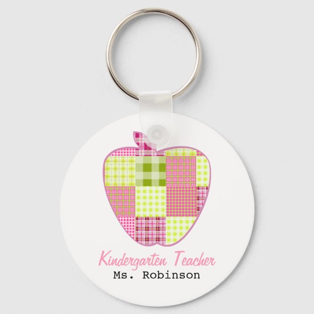 Plaid Apple Kindergarten Teacher Keychain (Front)