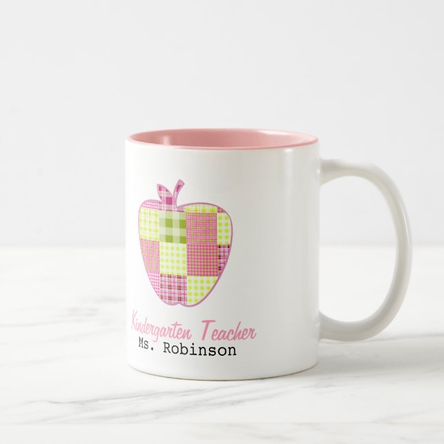 Plaid Apple Kindergarten Teacher Two-Tone Coffee Mug (Right)