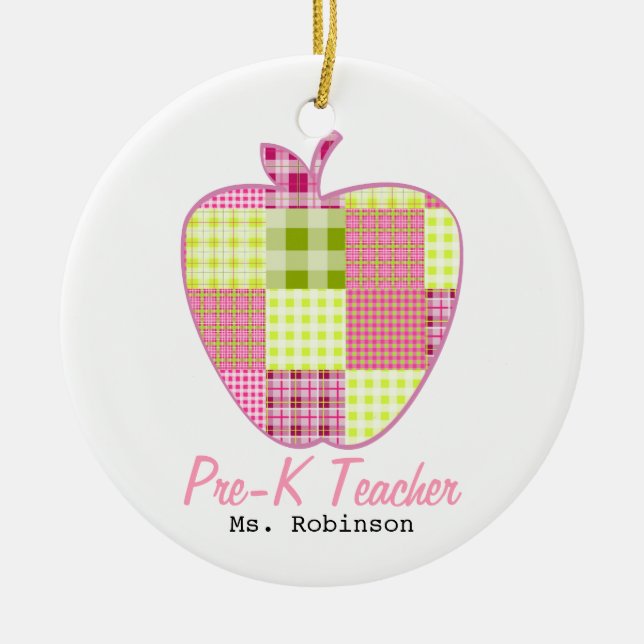 Plaid Apple Pre-K Teacher Ceramic Ornament (Front)