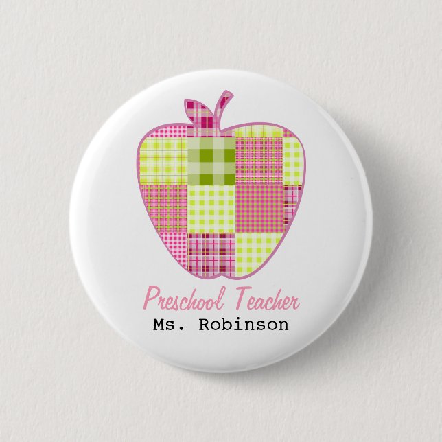 Plaid Apple Preschool Teacher Button (Front)