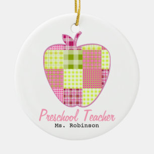 Plaid Apple Preschool Teacher Ceramic Ornament