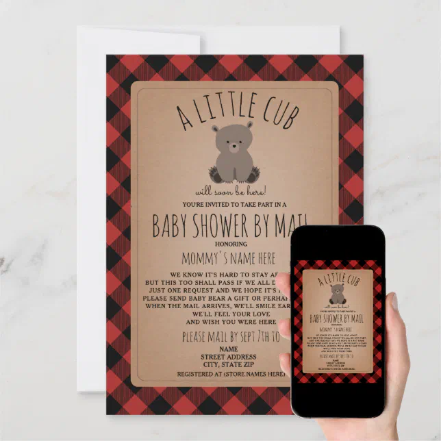 Plaid Baby Shower By Mail Social Distancing Bear Invitation Zazzle