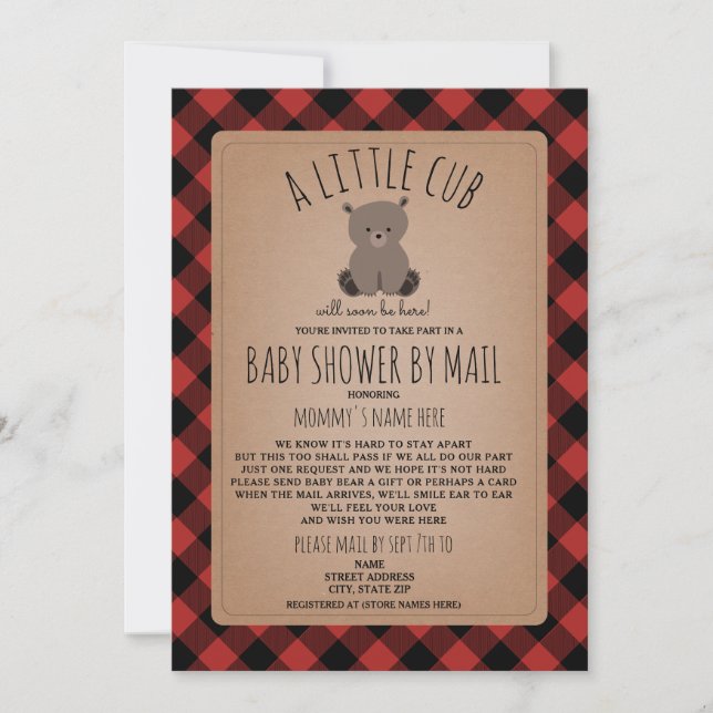 Plaid Baby Shower By Mail Social Distancing Bear Invitation (Front)