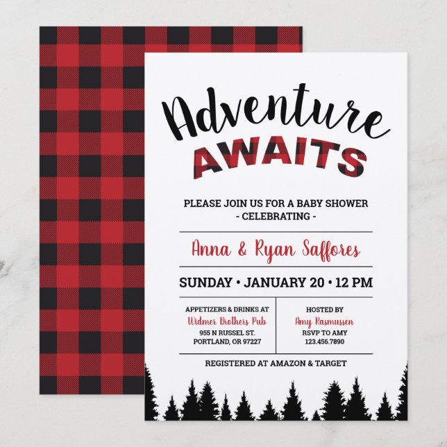 Plaid Baby Shower Invitation - Adventure Awaits (Front/Back)