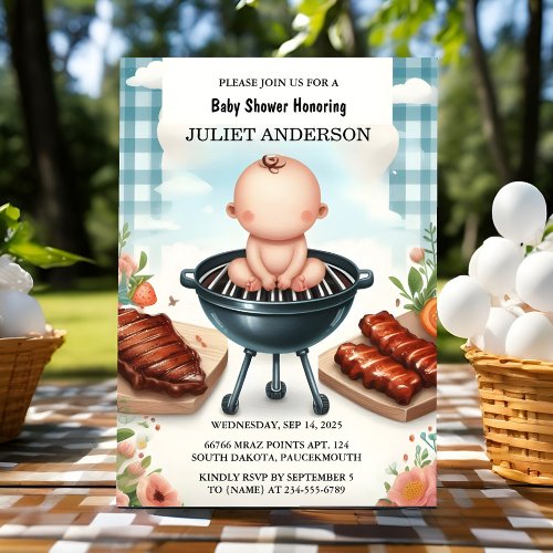 Plaid Babyq Fun Food Steak Beef Bbq Baby Shower Invitation