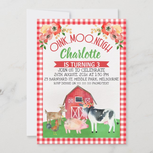 Plaid Barnyard Floral Birthday Invitation (Front)