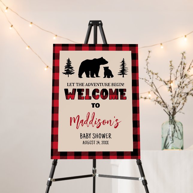 Plaid Bear Cub Lumberjack Baby Shower Welcome Sign (In Situ (Stand))