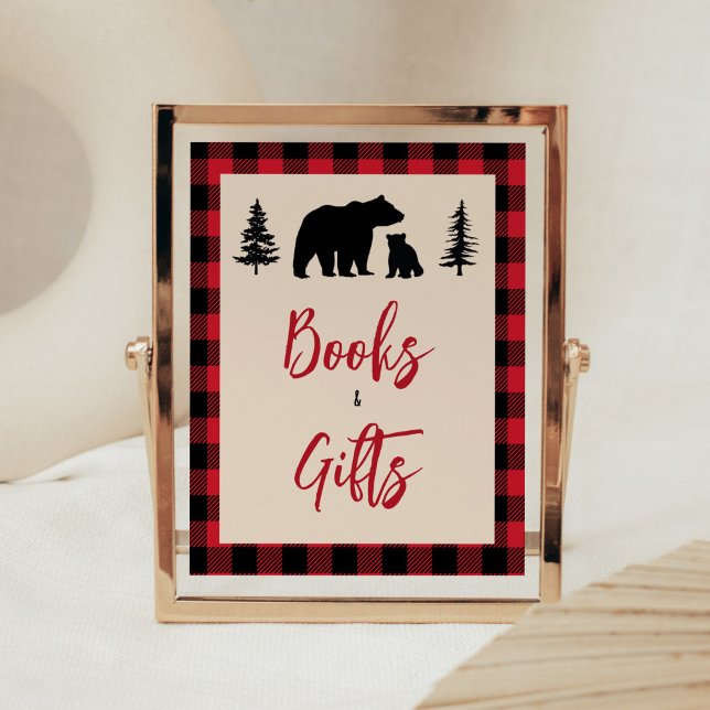 Plaid Bear Cub Lumberjack Books and Gifts Poster (Bear Cub Plaid Lumberjack Baby Shower Books and Gifts Sign
)