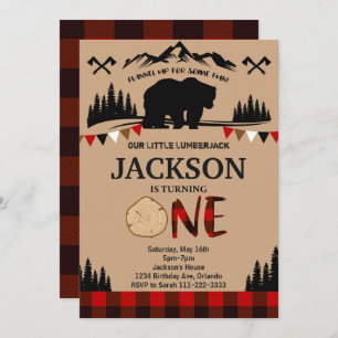 Plaid Bear Lumberjack Boys 1st Birthday Invitation