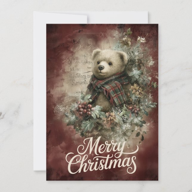 Plaid Bear & Poinsettia Wreath Holiday Card (Front)