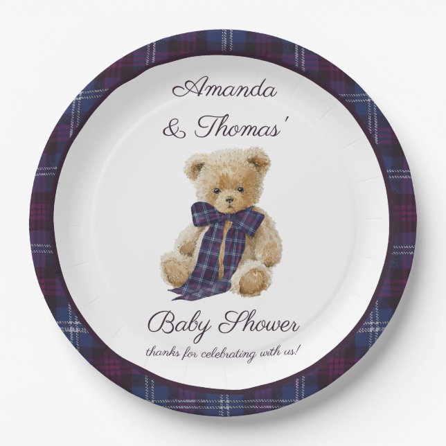 Plaid Bear Themed Baby Shower  Paper Plates (Front)