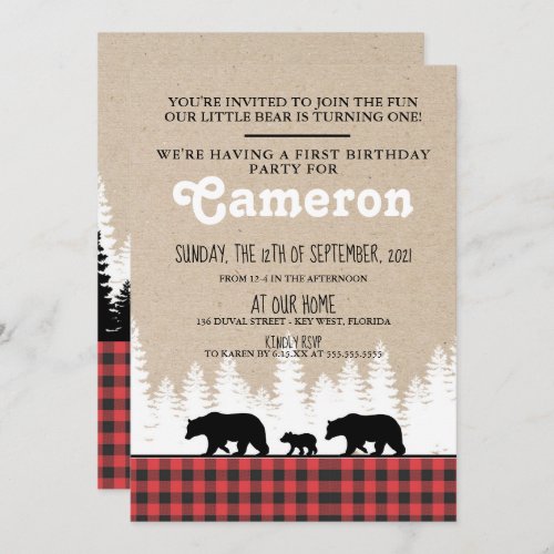 Plaid Bears 1st Birthday Party Invitation