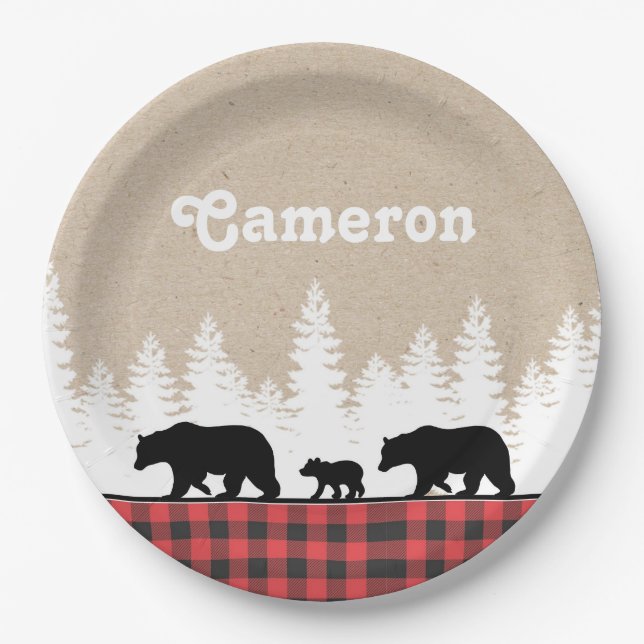 Plaid Bears Birthday Party Paper Plates (Front)