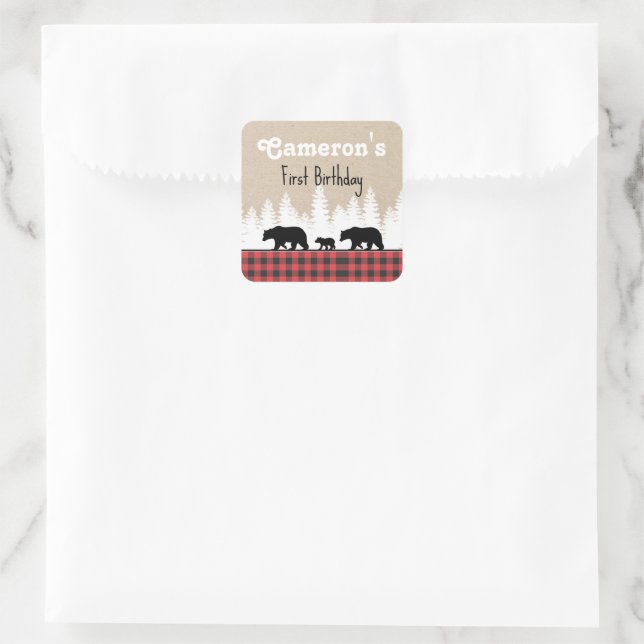 Plaid Bears Birthday Party Square Sticker (Bag)