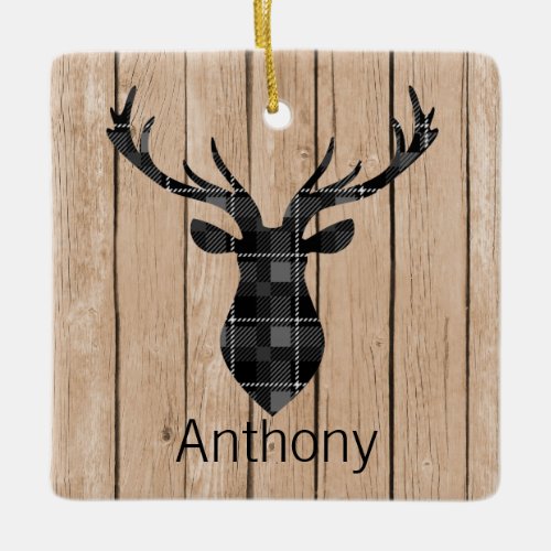 Plaid Big Buck Deer Head On Faux Tan Wood Ceramic Ornament