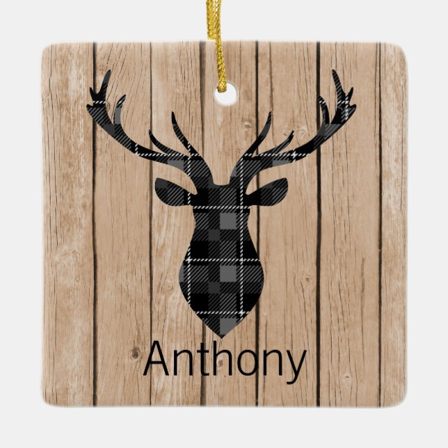 Plaid Big Buck/ Deer Head On Faux Tan Wood Ceramic Ornament (Front)