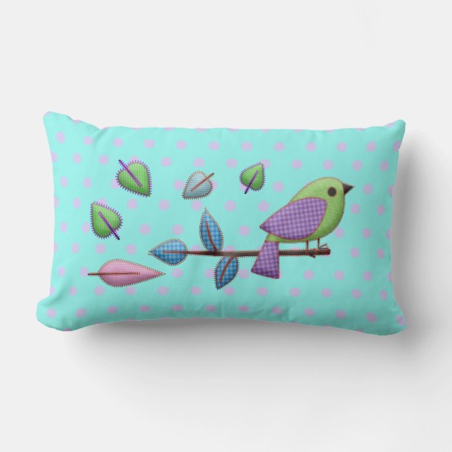Plaid Bird with Gingham Leaves Pink Blue Dots Lumbar Pillow (Front)