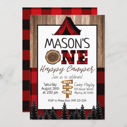 Plaid black and Red One Happy Camper Boy Camping  Invitation