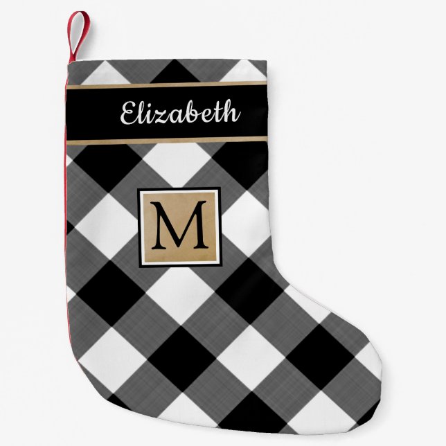 Plaid Black and White Buffalo Check Monogram Small Christmas Stocking (Front)